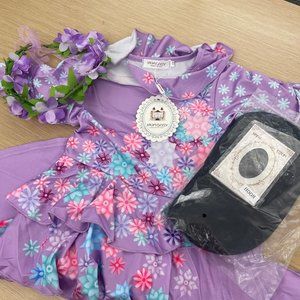 Toddler Girls Trumpet Sleeve Ruffle Trim Flowers Graphic Princess Dress and wig